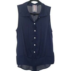 Mauve Navy Blue Sleeveless Button Down Soft Chiffon Blouse Hi-Low Hem L Capsule